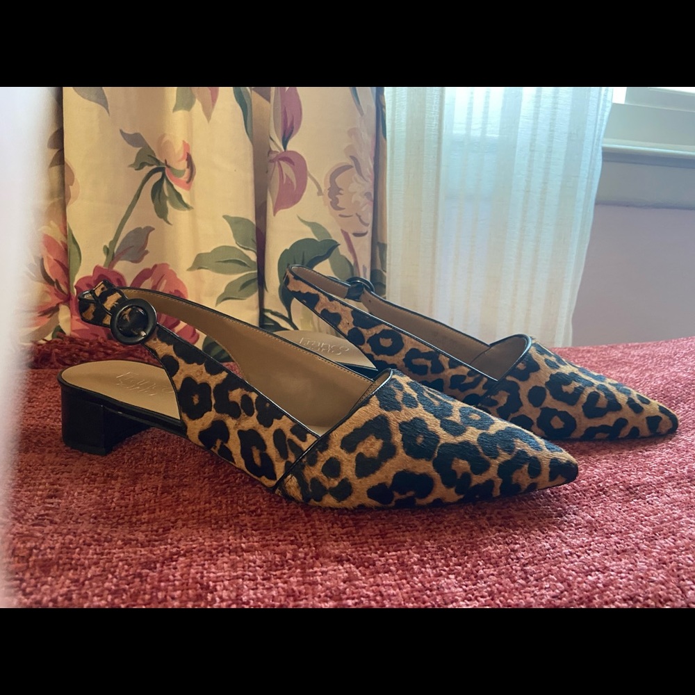 Leopard camel hair low heeled slingback mules
